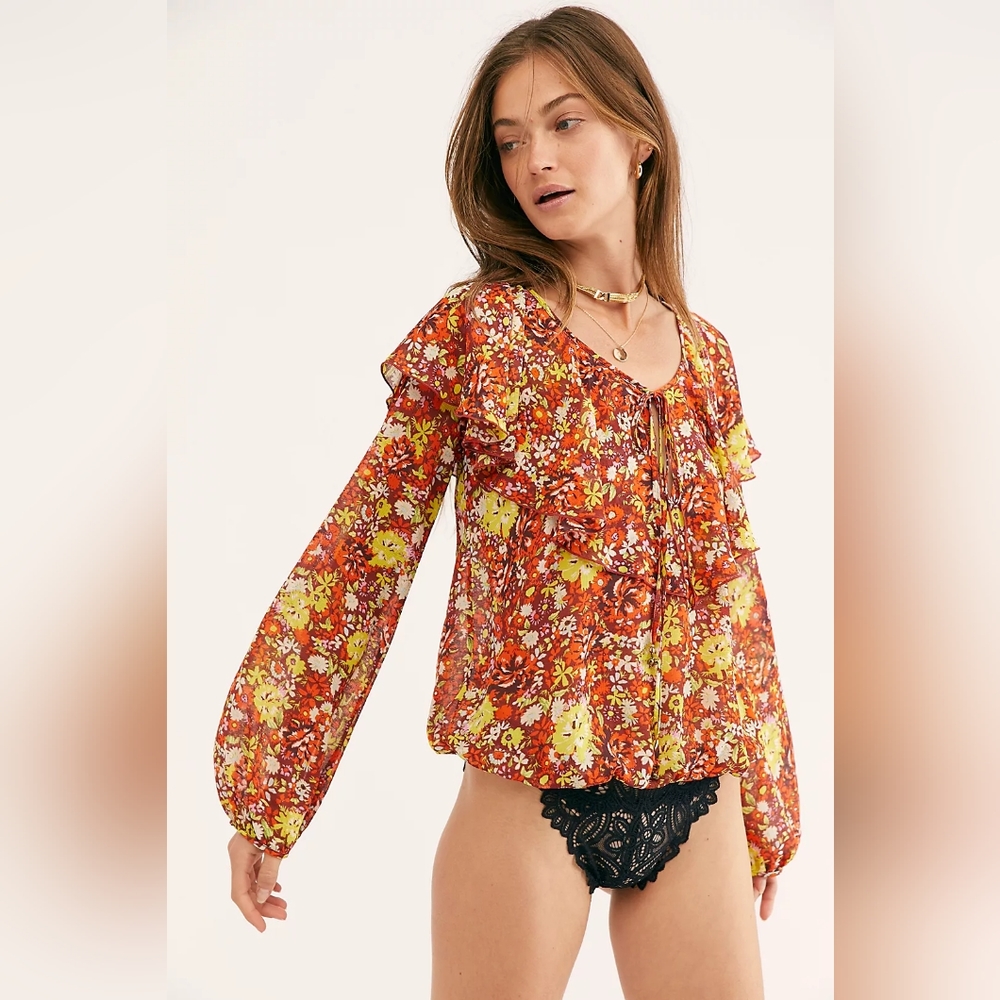 Free People Say It To Me Floral Ruffle Semi Sheer Bodysuit Women's Size Small S